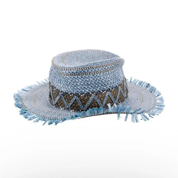Eric Javits Blue and Brown Fringed Hat - Picture 2 of 4